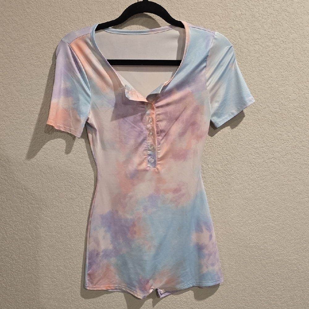 Pastel Tie-Dye Short Sleeve Romper Bodycon Henley - Size Small